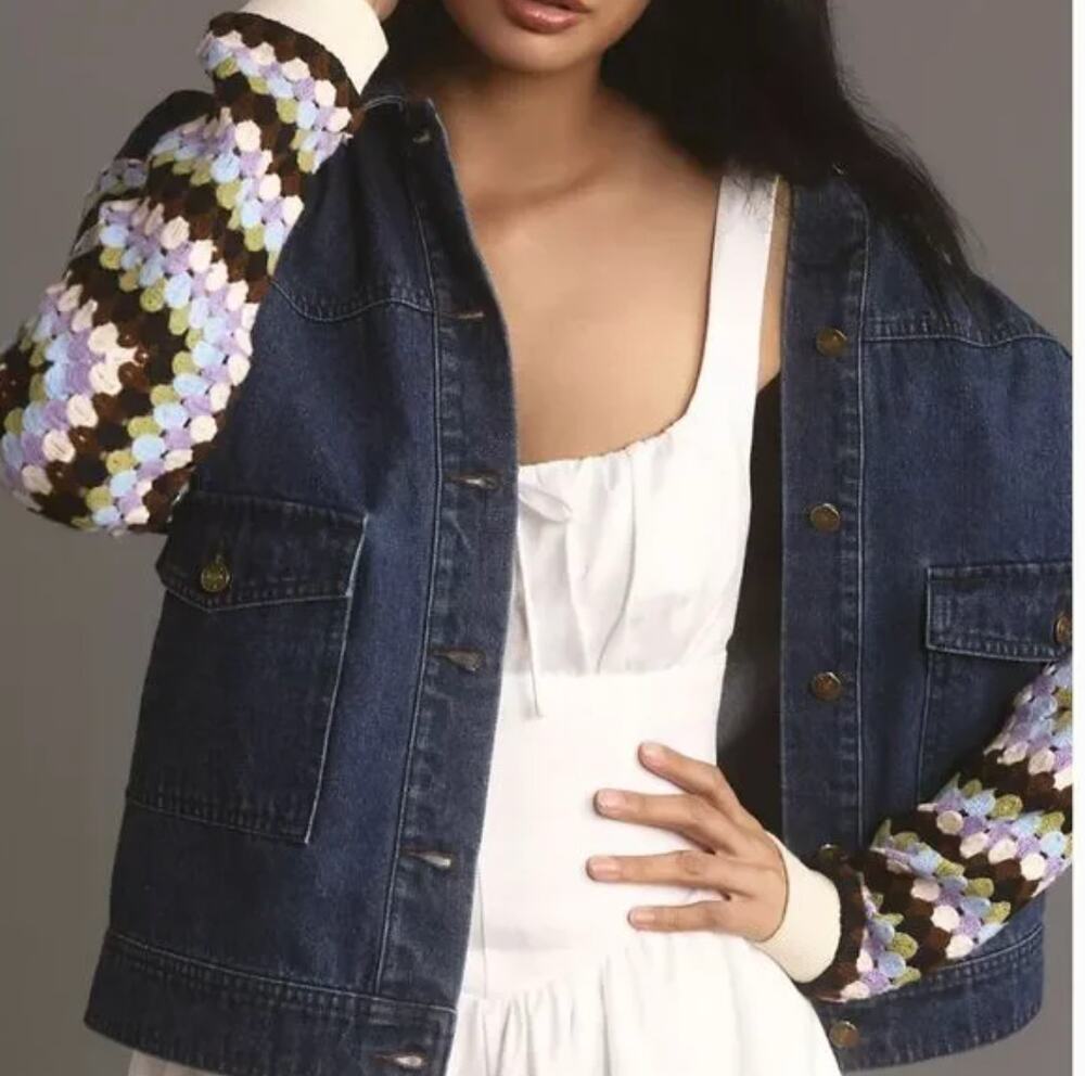 Anthropologie Crochet Sleeve Denim Jacket S NWOT Blue Purple Green Boho Western